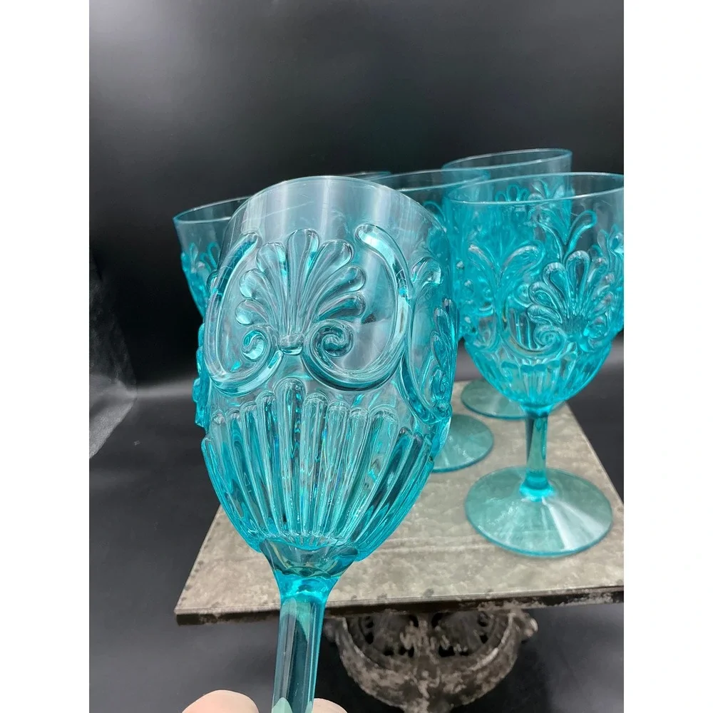Set of 6 Turquoise Blue Acrylic Wine Goblets Embossed Scroll Pattern 7 inch